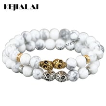 KEJIALAI 1pcs 2018 New Fashion 8mm Beads Bracelet Gold/Silver Color Skull Head Natural Howlite Stone Beads Men's Bracelet A0307 2024 - buy cheap