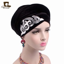 Novas Mulheres Lindo Embelezado Lantejoulas Longo de Veludo Cabeça Wraps Senhoras Turbante Turbante Hijab Lenço de Luxo 2024 - compre barato
