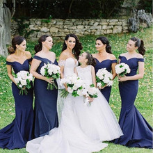 Mbcully темно-синие платья подружки невесты русалки с открытыми плечами атласные на заказ большие размеры Длинные платья подружки невесты свадебное платье для гостей 2024 - купить недорого