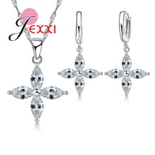 Women Favorite Flower Pendant Zircon Crystal Four Petals Stone Necklace And Earrings Set High Quality Silver Jewelry 2024 - buy cheap