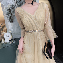 New golden mid calf flared sleeve lady girl women princess bridesmaid banquet party ball dress gown 2024 - buy cheap