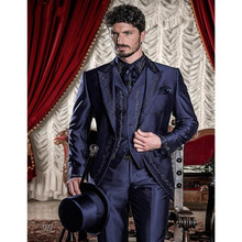 2018 Custom Made Embroidery Men Suit Set Groom Tuxedos (Jacket+Pants+Vest) Dark Blue Groomsmen Mens Suits For Wedding Prom Stage 2024 - buy cheap