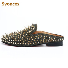 Fashion Gold Spike Flats Slippers Luxury Low Heels Mens Casual Shoes Designer Rivets Black Flock Brand Loafers Man Outdoor Size 2024 - buy cheap