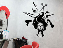 Adesivo de parede para salão de cabeleireiro, criativo, mulher, abstrato, barbeiro, decoração de parede, aplique de vinil, adesivo, arte, mural, aplicação 2024 - compre barato