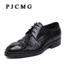 PJCMG New Products Men's Crocodile Pattern Genuine Embossed Leather Pointed Toe Lace-Up Cowhide Casual Flat Oxford Men Shoes 2024 - buy cheap