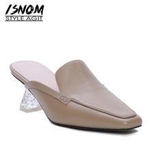 ISNOM Cow Leather Slippers Woman Square Toe Footwear Transparent Crystal Heels High Slides 2019 Shoes Female Mules Shoes Women 2024 - buy cheap