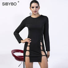 Sibybo Hollow Out Bandage Autumn Dress Women Elegant Long Sleeve Short Mini Dresses Woman Nightclub Sexy Bodycon Party Dress 2024 - buy cheap