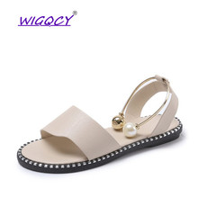 Open toe flat sandals women 2019 summer shoes women Fashion Concise Pearl Buckle Shallow Slip-On Sweet Student female shoes 2024 - buy cheap