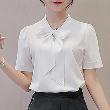 Summer Women Bow Chiffon Blouse Korean Style Short Sleeve Elegant Office Ladies Shirts Work Top Female Clothing Blusas Plus Size 2024 - buy cheap