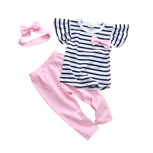 Комплект одежды для маленьких девочек 3 шт., повседневный в полоску с коротким рукавом и милым бантом, наряд для младенцев, летняя одежда для новорожденных 2024 - купить недорого