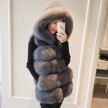 2019 New Winter Coat Faux Silver High Quality Fox Fur Coat Hooded Vest Stripe Fashion Medium-long Vest Large Size Women Outwear 2024 - buy cheap
