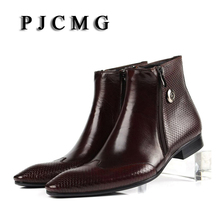 PJCMG New Cowhide Pointed Toe Genuine Leather Fashion Men's Zipper Work Bullock Patterns Oxford Dress Shoes For Men Boots 2024 - buy cheap