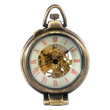 Relógio de bolso fob mecânico mão-vento único clamshell bronze transparente tempo especial unisex presente de natal 2024 - compre barato