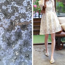 NEW white Floral yarn lace  fabric 3D Bow sequints beaded Embroidered Chiffon cloth for wedding dress DIY 1 order=1 meter 2024 - buy cheap