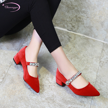 Chinese party style sexy pointed toe flock pumps fashion diamonds belt buckle black purple red thick low heels women shoes 2024 - buy cheap