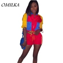 OMILKA 2018 verano mujeres de manga larga cuello redondo Crop Top y pantalones cortos conjunto Casual contraste Color Club Party 2 piezas conjunto de ropa 2024 - compra barato