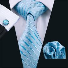 Corbatas de FA-703 para hombre azul a rayas 100% seda clásico Jacquard tejido corbata Hanky gemelos Set para negocios boda fiesta moda 2024 - compra barato