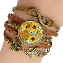 Pulsera de cobre tejida con girasoles de Van Gogh para hombre y mujer, brazalete hecho a mano con cúpula de cristal de cuero infinito, regalo 2024 - compra barato