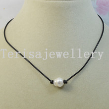 Single Pearl Leather Necklace White Freshwater Pearl Black Leather Choker Necklace Fashion Birthday Wedding Party Jewelry 2024 - buy cheap