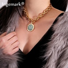 Ingemark Punk Miami Round Coin Pendant Choker Necklace Vintage Green Stone Blue Crystal Dangle Thick Chain Long Necklace Jewelry 2024 - buy cheap