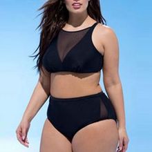 Plus size bikini black mesh crop top swimsuit large sizes mesh patchwork swimwear large size women bikinis high waist swimsuit 2024 - buy cheap