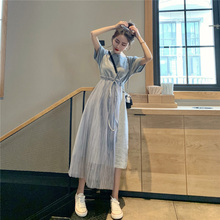 2019 New Women T Shirt Dress Summer Short-sleeved Temperament Loose Stitching Mesh Long Tee Dresses Female SP419 2024 - buy cheap