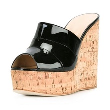 Sexy Wood Grain Platform Wedge Sandals For Women Peep Toe Super High-heels Summer Shoes Slip-on Black Patent Lather Slippers 2024 - buy cheap