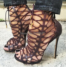 Newest Women Open Toe Straps Cross Stiletto Thin Heel Gladiator Sandals Lace-up Brown Snakeskin High Heel Sandals Party Shoes 2024 - buy cheap