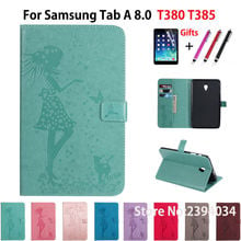 High quality Case For Samsung Galaxy Tab A 8.0 SM-T380 T380 T385 2017 8.0 Cover Tablet Girl Cat Embossed PU Stand Shell+Film+Pen 2024 - buy cheap