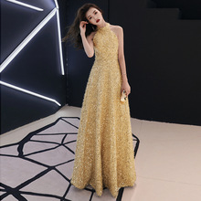 Female Evening Dresses 2019 Spring New Noble Elegant Golden Off the Shoulder Sleeveless Appliques Sequins a Line Prom Dresses 2024 - buy cheap