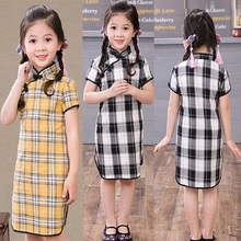 Grid Baby Girl Dresses Summer Children Qipao Chinese New Year Cheongsam Girls Clothes Outfits 100% Cotton Chi-Pao Dress 2-16 2024 - buy cheap