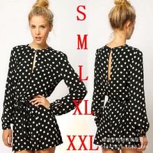 2014 new fashion women black polka dot  long sleeve open back dress casual mini dresses plus size free shipping 2024 - buy cheap