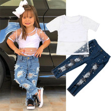 Conjuntos de ropa de verano para niñas pequeñas, camisetas sin mangas + Pantalones vaqueros largos, conjunto de chándal 2024 - compra barato
