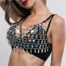 Sexy Bling Metal Chest chain Sequins Crop Tops Women Summer Beach Halter Sparkling Nightclub Party cropped bralette Tank tops HL 2024 - buy cheap