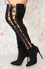 Drop Shipping Woman Sexy Black Pointed Toe Cuts Out Gladiator Lace Up Over The Knee Thigh Long Boots Thin Heels Slim Boots 2024 - buy cheap