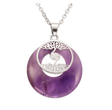 FYJS Unique Jewelry Silver Plated Tree of Life Round Hollow Pendant Natural Purple Amethysts Stone Necklace 2024 - buy cheap