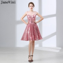 JaneVini Sparkle Pink Sequined Short Bridesmaid Dresses Scoop Neck Sleeveless A Line Knee Length Women Elegant Party Prom Gowns 2024 - buy cheap