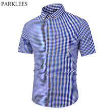 Camisa xadrez de botão masculina, camisa pequena xadrez para homens, nova manga curta, slim fit, camisa casual verificada, gingham, verão 2019 2024 - compre barato