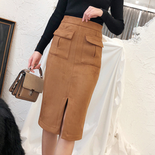 Free Shipping 2020 New Thick Suede Elegant Formal Women Winter And Autumn Skirts Ladies Pencil S-2XL Slit Skirts With Pockets 2024 - buy cheap