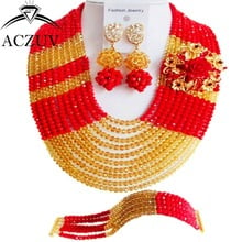 Brand ACZUV Crystal Bridal Jewelry Sets Hotsale Indian Nigerian Wedding African Beads Necklace Red Opaque Gold AN086 2024 - buy cheap