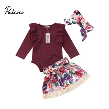2018 Brand New 0-24M Newborn Infant Baby Girls Clothes Sets 3PCS  Ruffles Solid Long Sleeve Romper Tops Floral Skirts+Headband 2024 - buy cheap