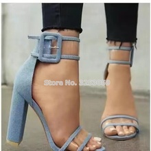 ALMUDENA Luxurious Blue Denim Chunky Heel PVC Sandals Thick High Heels Buckle Strap Patchwork Gladiator Shoes Runway Pumps 2024 - buy cheap