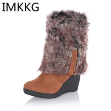 2021 new fashion with Fur winter high heels knee high woman boots warm women shoes fashion wedges snow boots Q639 2024 - buy cheap