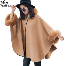 Casaco de lã de inverno feminino uhytgf, jaqueta estilo coreano com gola de pele de raposa, manto xale, elegante e vintage 381 2024 - compre barato