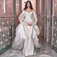 Fashion Sweetheart Applique Wedding Formal Dresses With Detachable Train Elegant Off Shoulder Long Sleeve Mermaid Bridal Gown 2024 - buy cheap