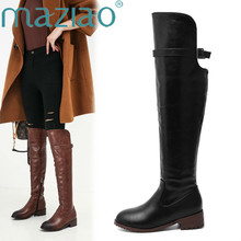 MAZIAO-Botas por encima de la rodilla para mujer, zapatos de tacón grueso con punta redonda y cremallera, Bota alta de muslo con correa de hebilla, talla grande 33-43 2024 - compra barato