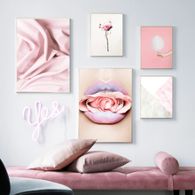 Arte de parede com lábios de flor rosa, pintura em tela, pôsteres nórdicos, impressões, imagens escandinavo, para parede de quarto de menina, decoração de casa 2024 - compre barato