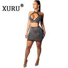 XURU Summer Sexy Diamond Dress Two-Piece Deep V-neck Wrapped Halter Dress Club Party Dress 2024 - buy cheap