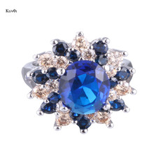 Anel de flor de cristal cúbico, elegante, clássico, azul escuro, geométrico, para mulheres, aniversário, festa de casamento, presente, joia 2024 - compre barato