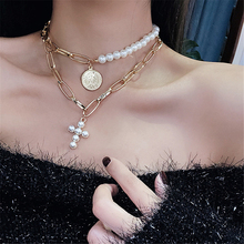 Multilayer Imitation Pearl Choker Necklaces For Women Alloy Round Coin Cross Short Clavicle Necklace Fashion Jewelry Accessories 2024 - buy cheap